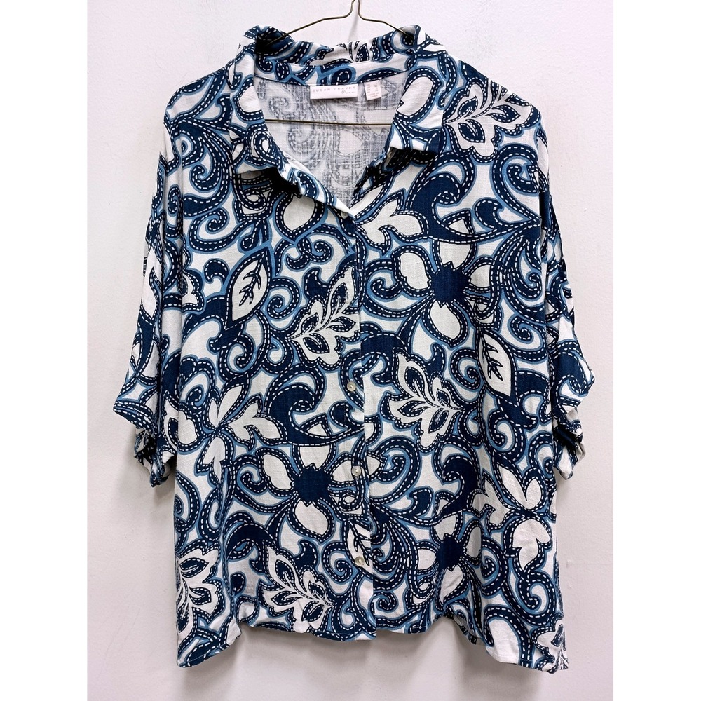 Susan Graver Pure Button Front Top Womens Large Blue Paisley Linen Blend Coastal